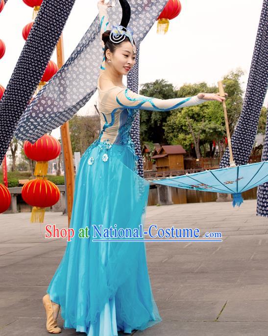 Traditional China Opening Dance Stage Show Costumes Classical Dance Clothing Umbrella Dance Blue Dress