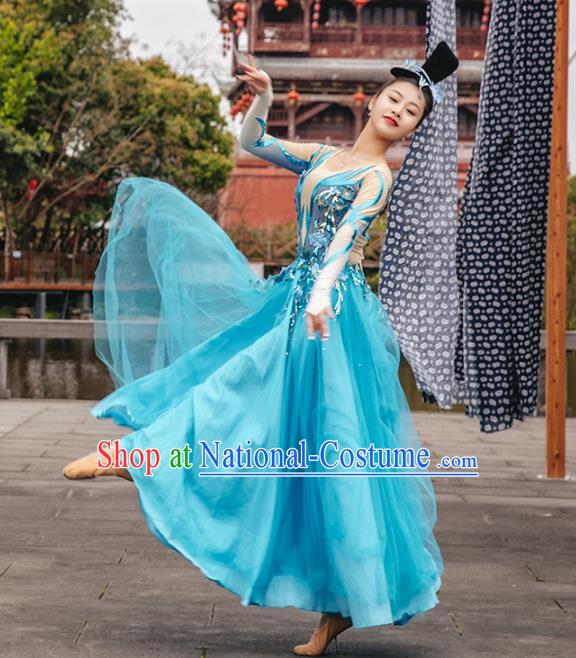 Traditional China Opening Dance Stage Show Costumes Classical Dance Clothing Umbrella Dance Blue Dress