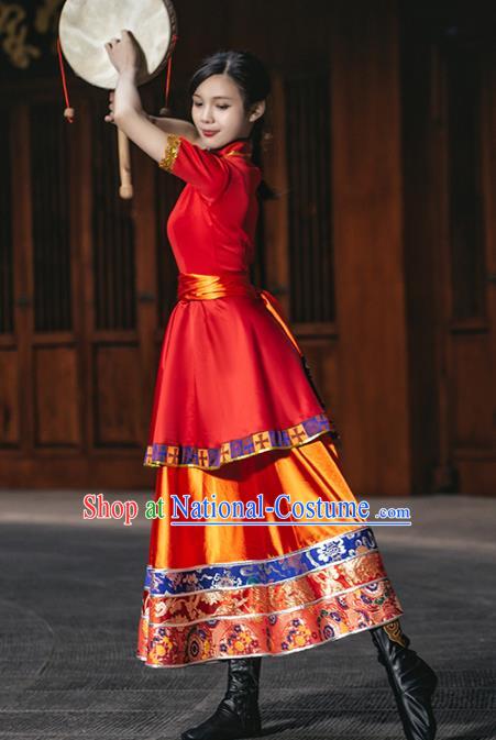 China Zang Ethnic Women Folk Dance Red Dress Outfits Traditional Tibetan Nationality Wedding Clothing