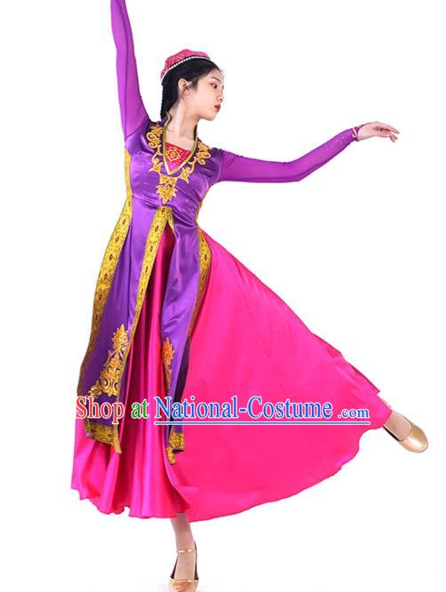 China Traditional Uyghur Nationality Dance Clothing Ethnic Women Folk Dance Purple Dress Outfits