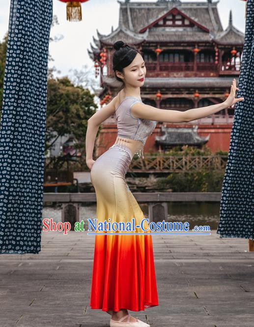 China Traditional Dai Nationality Folk Dance Clothing Ethnic Women Peacock Dance Red Dress Outfits