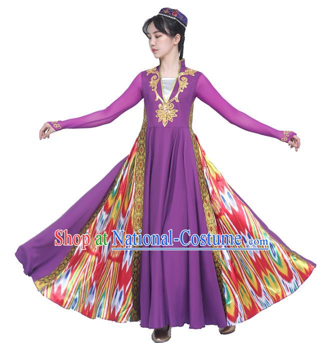 China Traditional Uyghur Nationality Folk Dance Clothing Ethnic Women Dance Purple Dress and Hat Outfits