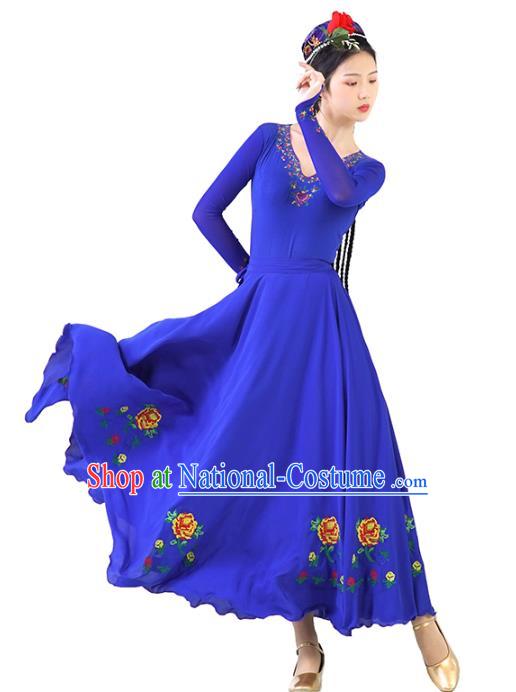 China Ethnic Women Folk Dance Blue Dress and Hat Outfits Traditional Uyghur Nationality Clothing