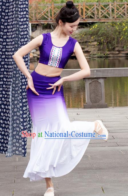 China Traditional Dai Nationality Peacock Dance Clothing Yunnan Ethnic Women Purple Dress Outfits