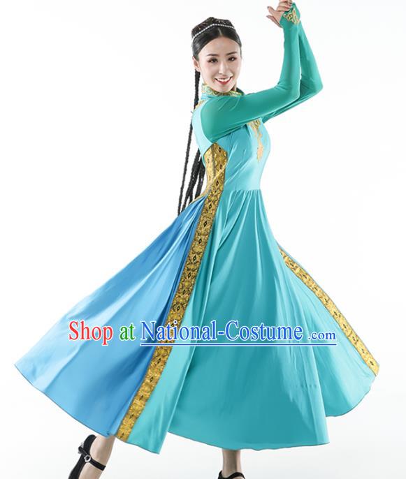 China Traditional Xinjiang Uyghur Nationality Dance Clothing Ethnic Women Blue Dress Outfits and Hat