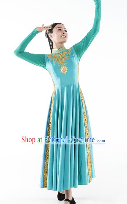 China Traditional Xinjiang Nationality Peacock Dance Clothing Uyghur Ethnic Women Blue Dress Outfits and Hat