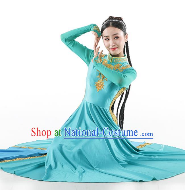 China Traditional Xinjiang Nationality Peacock Dance Clothing Uyghur Ethnic Women Blue Dress Outfits and Hat