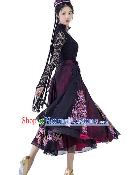 China Traditional Xinjiang Nationality Dance Clothing Uyghur Ethnic Women Black Lace Blouse and Purple Skirt Outfits and Hat