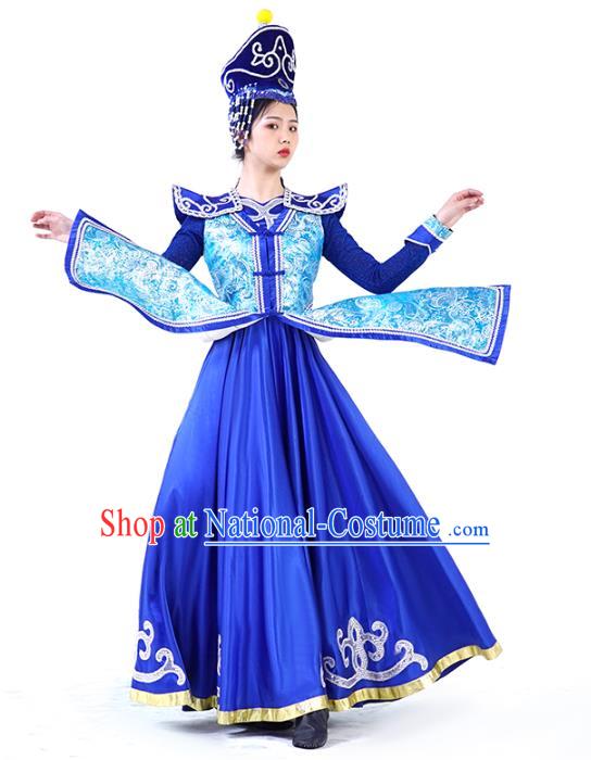 China Mongolian Ethnic Women Folk Dance Royalblue Dress and Hat Outfits Traditional Mongol Nationality Wedding Clothing