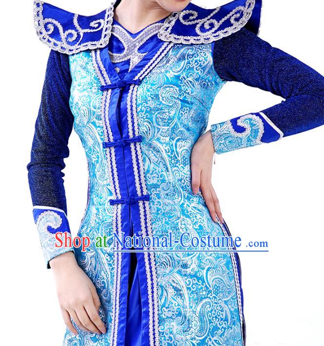 China Mongolian Ethnic Women Folk Dance Royalblue Dress and Hat Outfits Traditional Mongol Nationality Wedding Clothing