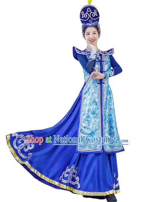 China Mongolian Ethnic Women Folk Dance Royalblue Dress and Hat Outfits Traditional Mongol Nationality Wedding Clothing