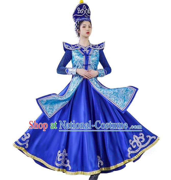 China Mongolian Ethnic Women Folk Dance Royalblue Dress and Hat Outfits Traditional Mongol Nationality Wedding Clothing