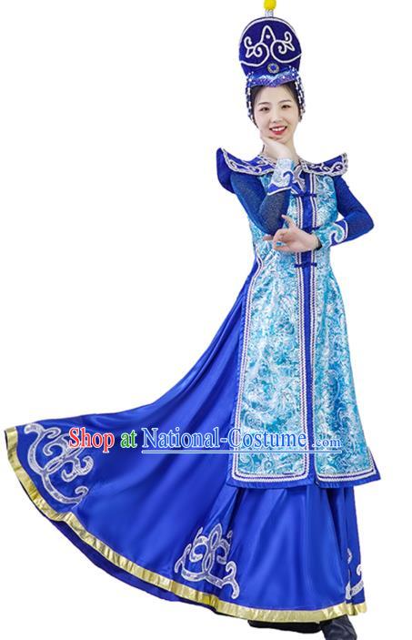 China Mongolian Ethnic Women Folk Dance Royalblue Dress and Hat Outfits Traditional Mongol Nationality Wedding Clothing