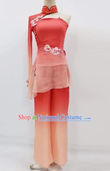 China Traditional Umbrella Dance Clothing Women Yangko Dance Blouse and Pants Fan Dance Red Outfits