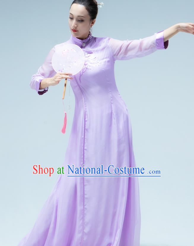 Traditional China Umbrella Dance Lilac Qipao Dress Classical Dance Stage Show Fan Dance Costume