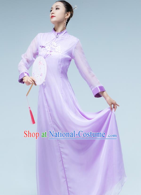 Traditional China Umbrella Dance Lilac Qipao Dress Classical Dance Stage Show Fan Dance Costume