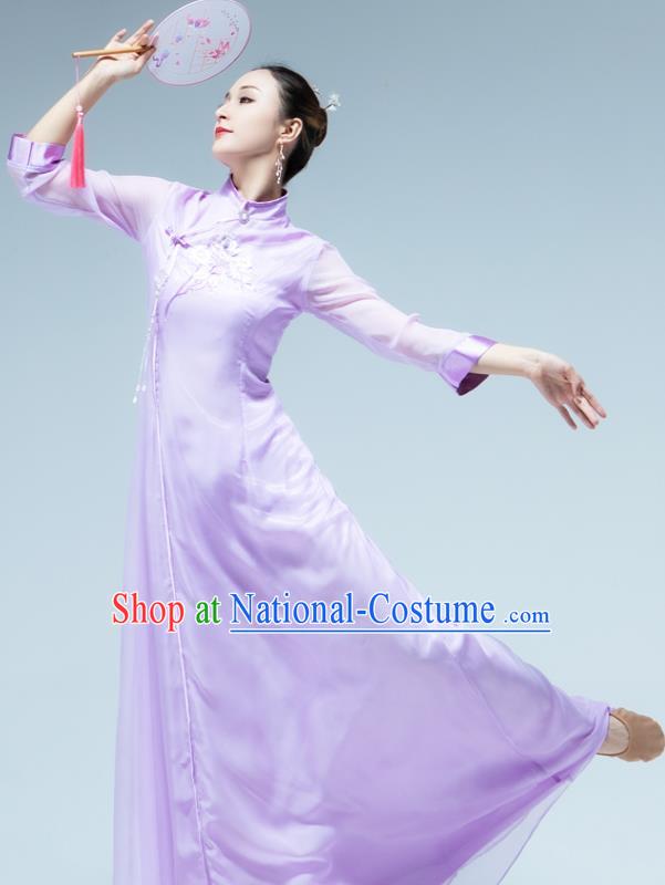 Traditional China Umbrella Dance Lilac Qipao Dress Classical Dance Stage Show Fan Dance Costume