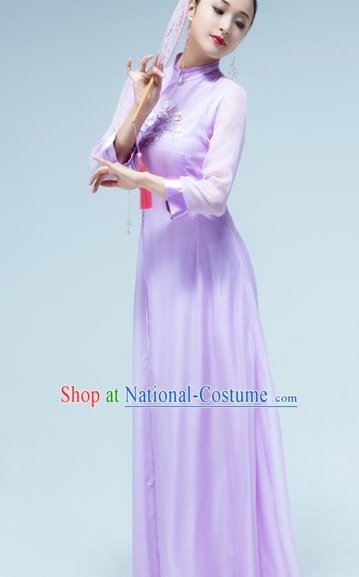 Traditional China Umbrella Dance Lilac Qipao Dress Classical Dance Stage Show Fan Dance Costume