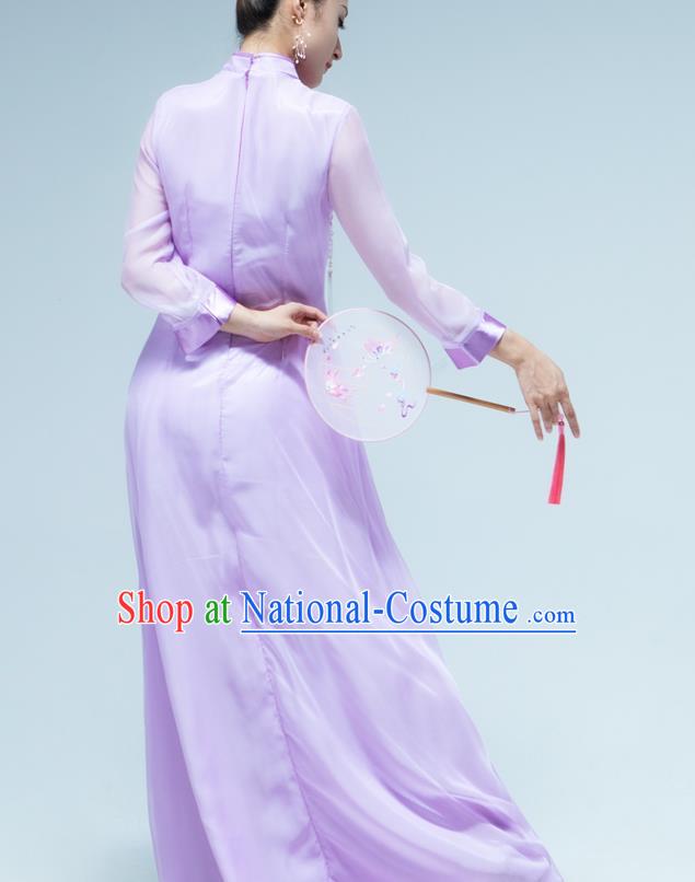 Traditional China Umbrella Dance Lilac Qipao Dress Classical Dance Stage Show Fan Dance Costume