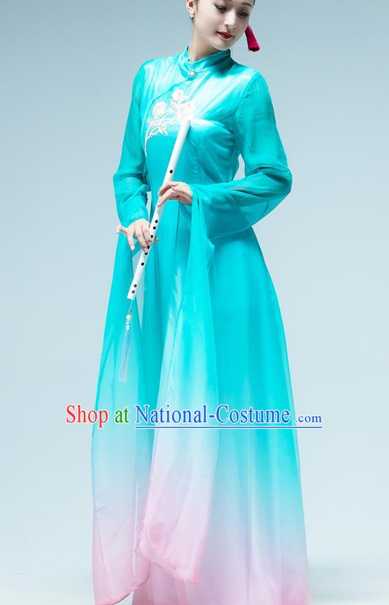 Traditional China Classical Dance Stage Show Fan Dance Costume Umbrella Dance Blue Qipao Dress