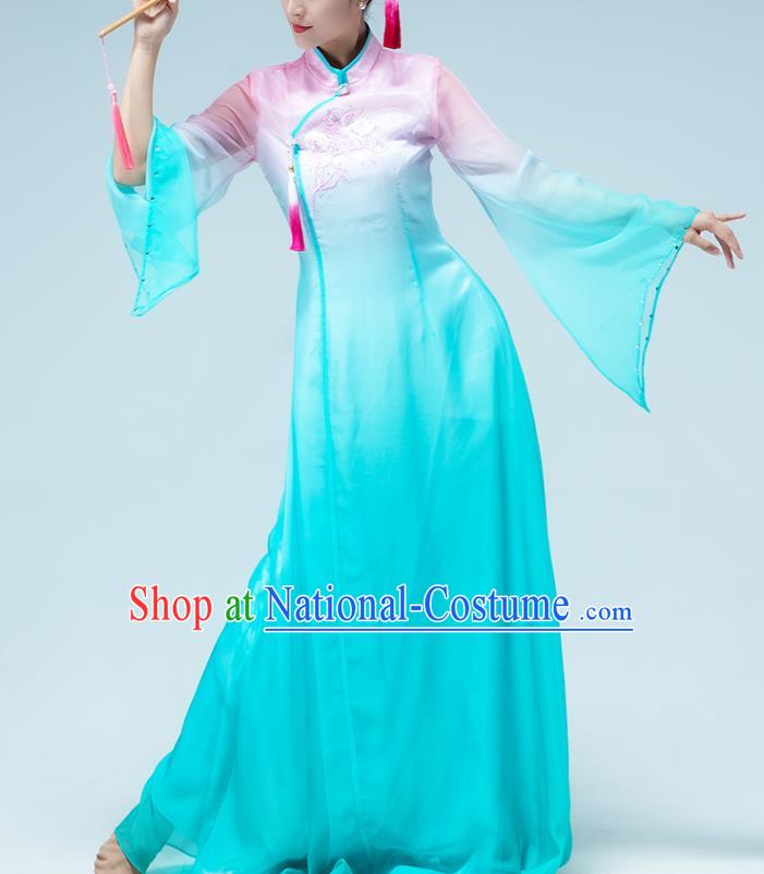 Traditional China Stage Show Group Dance Costume Umbrella Dance Classical Dance Blue Dress