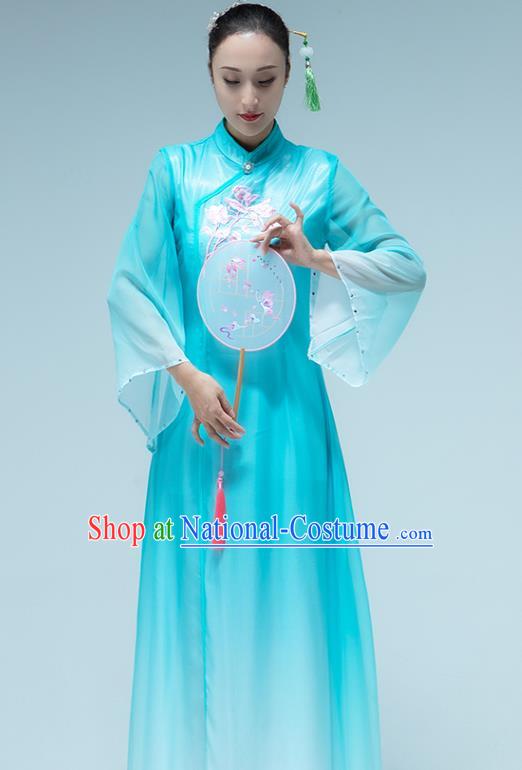 Traditional China Umbrella Dance Classical Dance Blue Dress Stage Show Group Dance Costume