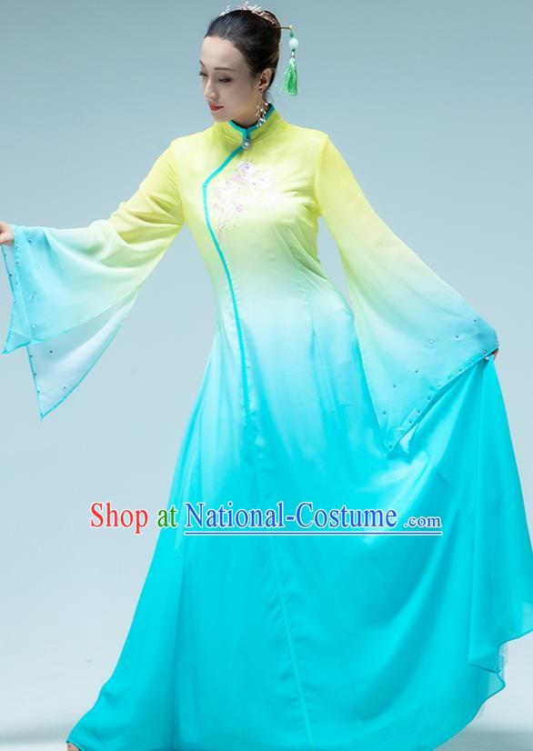 Traditional China Classical Dance Fan Dance Blue Dress Group Dance Stage Show Costume