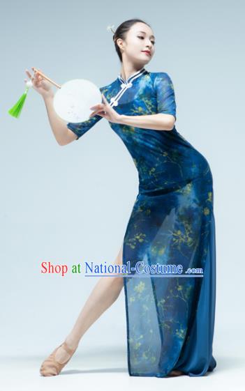 Traditional China Song of the Fishermen Fan Dance Costume Classical Dance Stage Show Blue Chiffon Qipao Dress