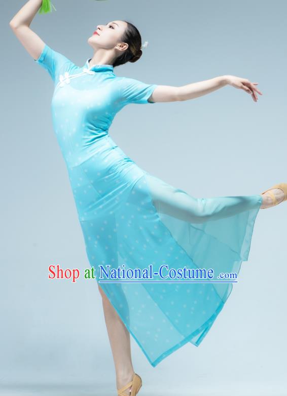 Traditional China Classical Dance Stage Show Light Blue Chiffon Qipao Dress Song of the Fishermen Fan Dance Costume