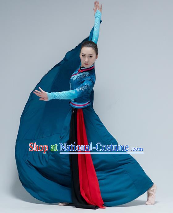 China Mongol Nationality Folk Dance Deep Blue Dress Traditional Mongolian Ethnic Dance Stage Performance Clothing