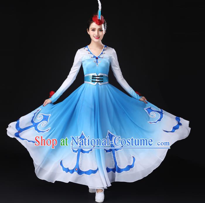 China Traditional Mongolian Ethnic Dance Stage Performance Clothing Mongol Nationality Women Blue Dress