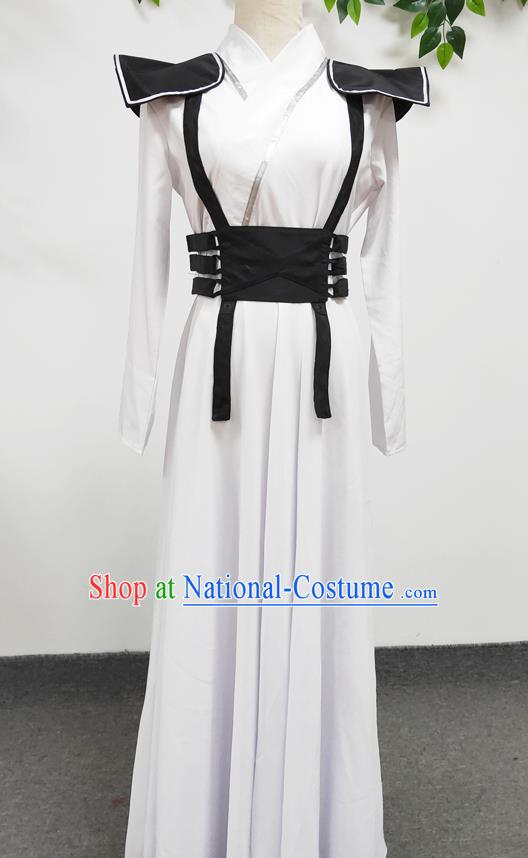 Traditional Chinese Cosplay Ancient Female Swordsman White Hanfu Dress Stage Performance Clothing