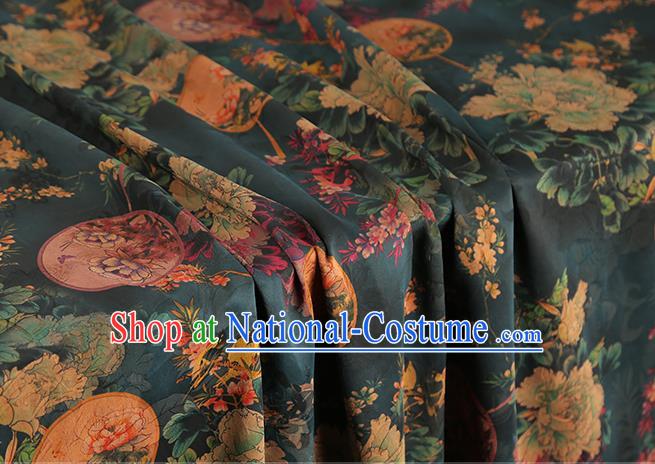 Chinese Atrovirens Gambiered Guangdong Gauze Traditional Cheongsam Silk Fabric Royal Peony Pattern Brocade Drapery