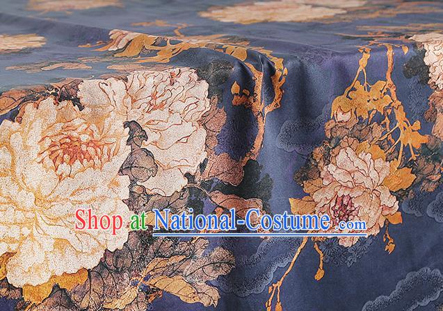 Chinese Royal Peony Pattern Brocade Drapery Traditional Cheongsam Silk Fabric Navy Gambiered Guangdong Gauze