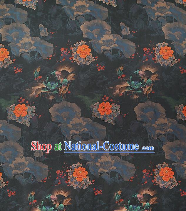 Chinese Black Gambiered Guangdong Gauze Royal Peony Lotus Pattern Brocade Drapery Traditional Cheongsam Silk Fabric