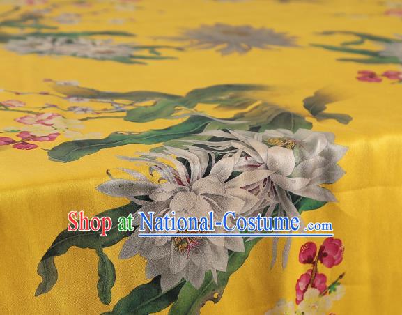 Chinese Yellow Gambiered Guangdong Gauze Traditional Silk Fabric Royal Epiphyllum Pattern Cheongsam Drapery