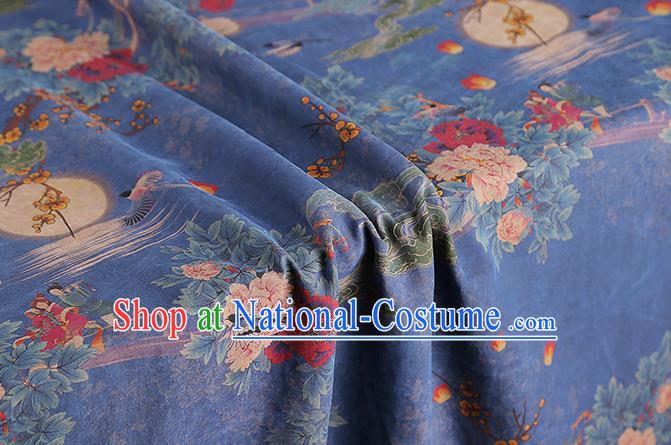 Chinese Traditional Blue Silk Fabric Gambiered Guangdong Gauze Royal Moon Plum Peony Pattern Cheongsam Cloth Drapery