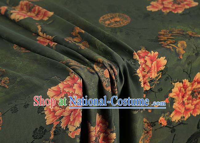 Chinese Deep Green Gambiered Guangdong Gauze Royal Peony Pattern Cloth Drapery Traditional Cheongsam Silk Fabric