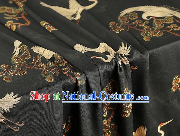 Chinese Royal Pine Cranes Pattern Cloth Drapery Black Gambiered Guangdong Gauze Traditional Cheongsam Silk Fabric