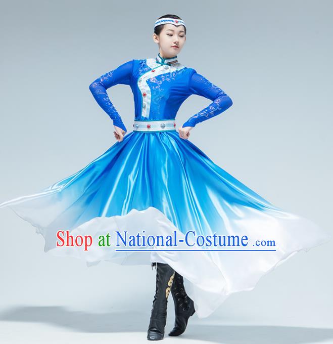 China Mongolian Nationality Dance Blue Dress Traditional Mongol Ethnic Stage Performance Women Clothing