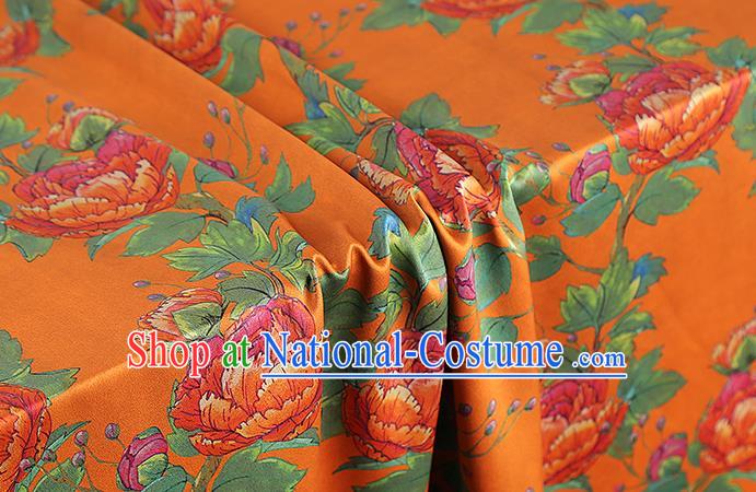 Chinese Traditional Orange Silk Fabric Gambiered Guangdong Gauze Royal Peony Pattern Cheongsam Drapery