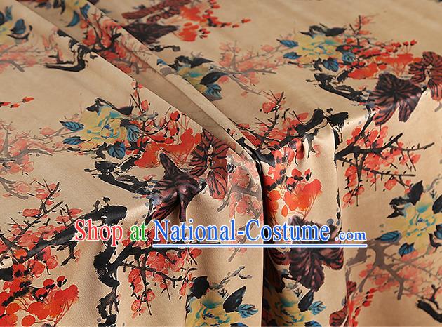 Chinese Traditional Ginger Silk Fabric Gambiered Guangdong Gauze Royal Plum Blossom Pattern Cheongsam Drapery