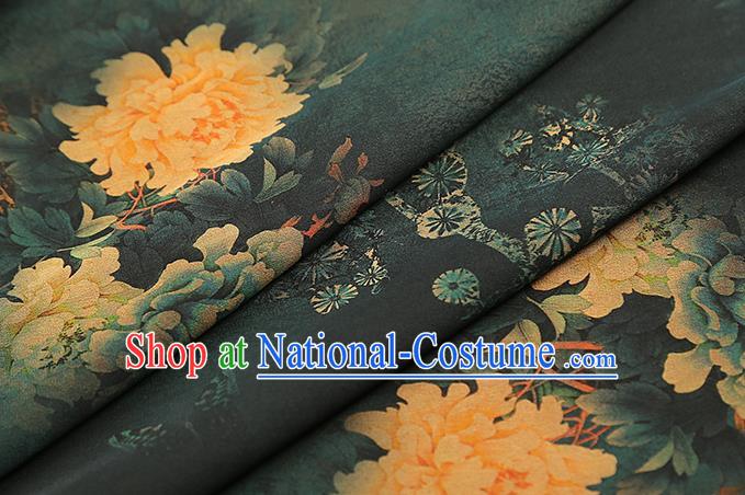 Chinese Traditional Deep Green Silk Fabric Royal Peony Pattern Cheongsam Cloth Drapery Gambiered Guangdong Gauze