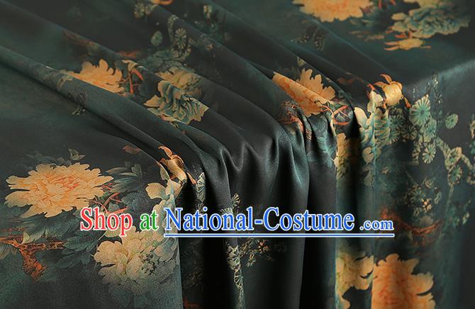 Chinese Traditional Deep Green Silk Fabric Royal Peony Pattern Cheongsam Cloth Drapery Gambiered Guangdong Gauze