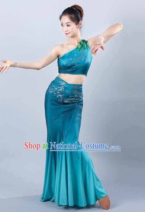 China Traditional Ethnic Peacock Dance Clothing Dai Nationality Stage Show Blue Mermaid Dress Outfits