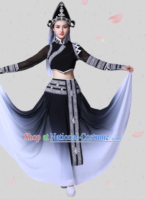 China Traditional Ethnic Dance Black Clothing Dai Nationality Stage Show Blouse and Skirt Outfits