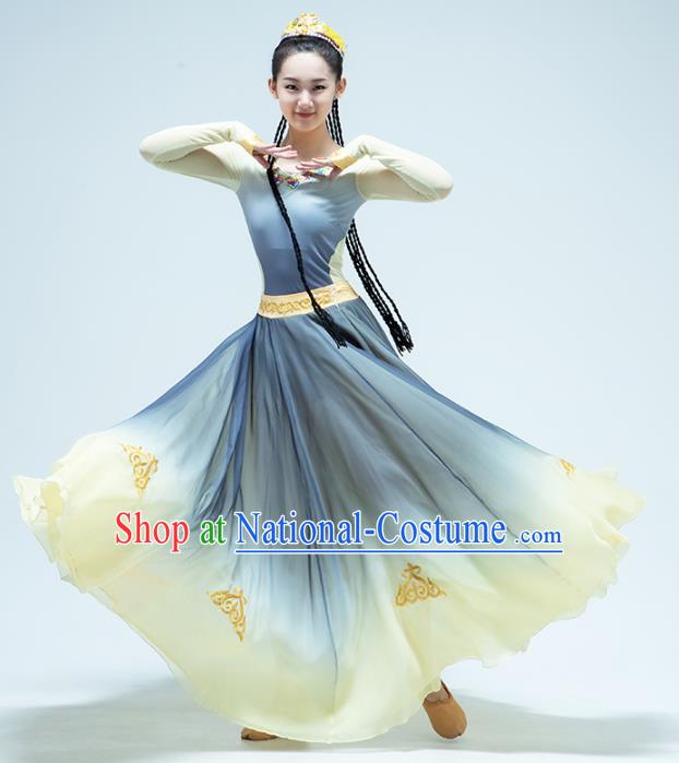 China Uyghur Nationality Dance Blue Dress Traditional Xinjiang Ethnic Stage Performance Clothing