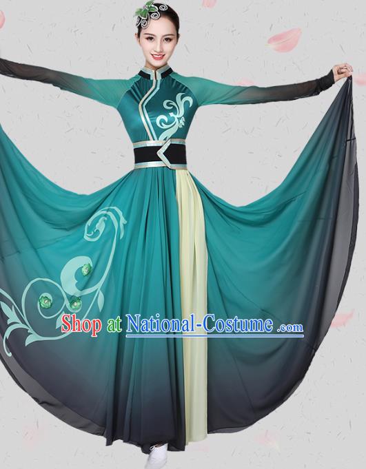 China Traditional Mongolian Ethnic Dance Clothing Mongol Nationality Stage Show Green Dress