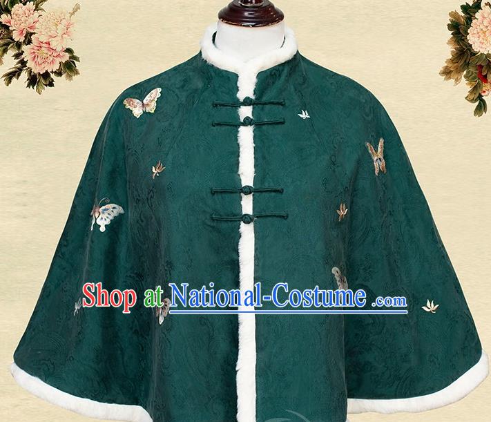 China Traditional Embroidery Butterfly Winter Upper Outer Garment Tang Suit Dark Green Short Cloak Embroidered Costume