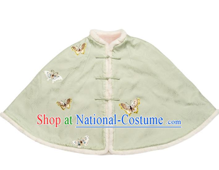 China Embroidery Butterfly Light Green Short Cloak Traditional Embroidered Costume Tang Suit Upper Outer Garment